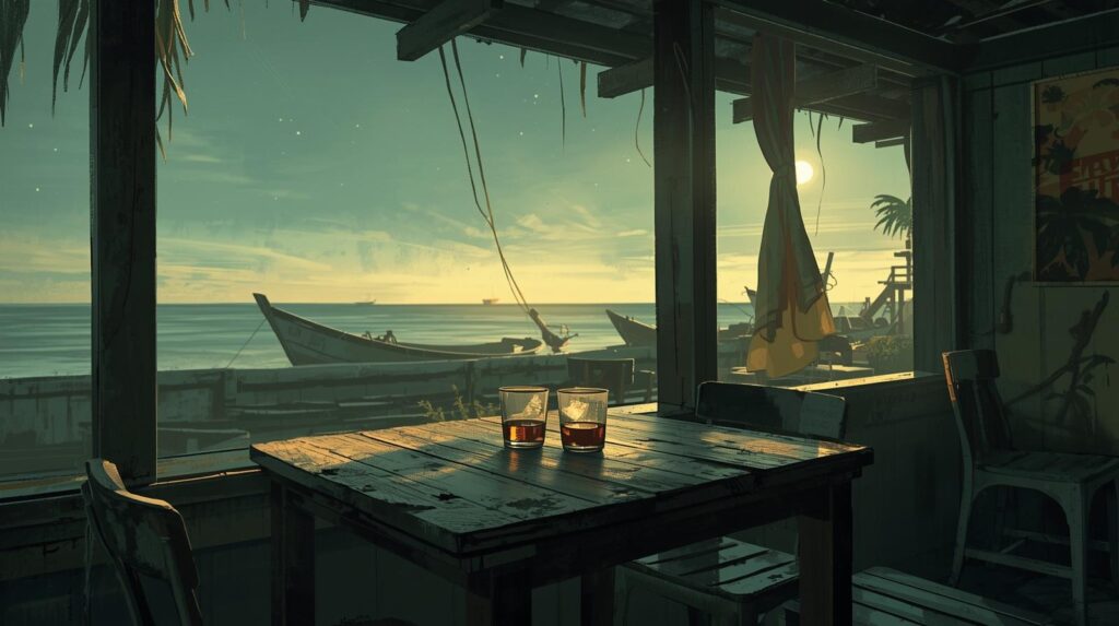 bar en playa con dos vasos